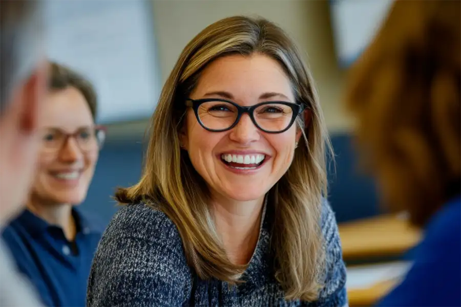 Middle aged woman smiling, wearing glasses, engaging in a group setting.